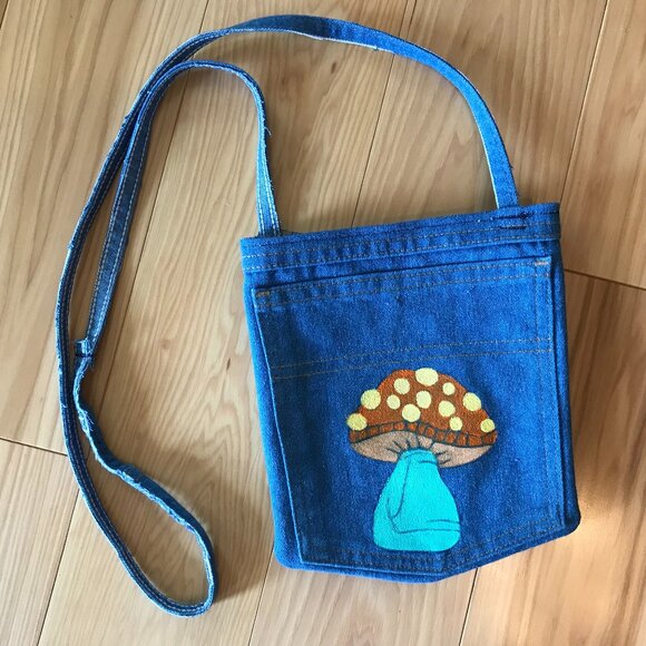 Handmade Crossbody Jean Purse: Painted Mushroom Over Shoulder Cell Phone Bag - Picture 7 of 10